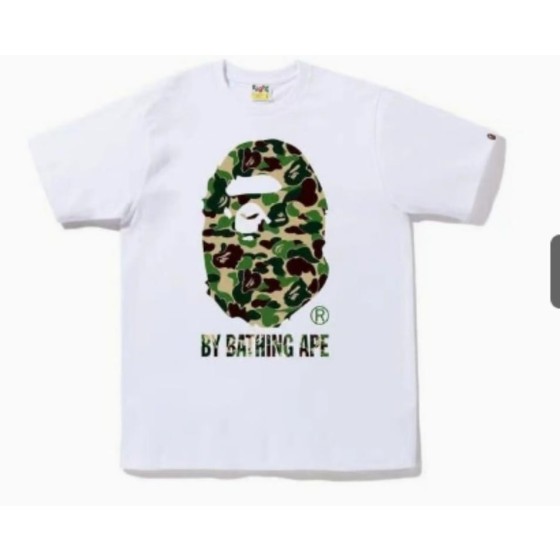 White BAPE T-Shirt with Green Camo Ape Head and "BY BATHING APE" Logo